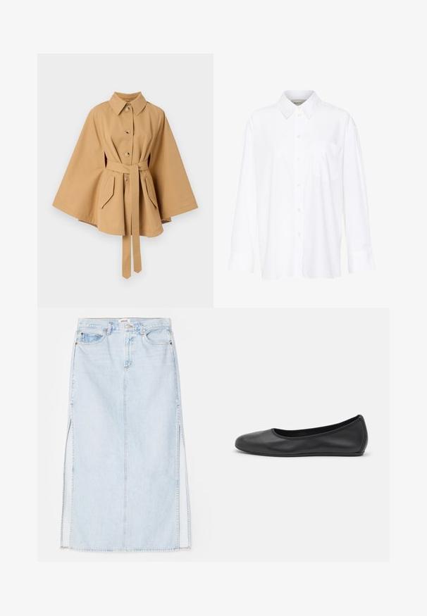 Rodebjer RACHEL TRENCH - Šineļveida mētelis - khaki; Baltais garo piedurkņu krekls ar apkakli, izgatavots no kokvilnas. Aprīkots ar pogu aizdari priekšā un vienu krūšu kabatu. Gluda tekstūra, brīvs piegriezums.; Gaiši zilā denima maksi svārki ar taisnu griezumu, ar sānu šķēlēm un piecu kabatu dizainu. Izteikta izšūšana un metāla pogas aizdare.; Melna ādas baleta kurpe ar noapaļotu purngalu, gludu tekstūru, minimālu šuvju detalizāciju un elastīgu zoles dizainu.