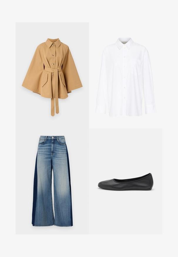 Rodebjer RACHEL TRENCH - Trenchcoat - khaki; Witte lange mouwen overhemd met kraag van katoen. Voorzien van een knoopsluiting aan de voorkant en een enkele borstzak. Een gladde textuur en een ontspannen pasvorm.; Brede denim jeans met een twee-kleuren ontwerp, lichtblauwe voorkant en donkerblauwe zijpanelen, met een klassieke tailleband en een knoopsluiting.; Zwarte leren ballerina met een ronde neus, gladde textuur, minimale stikdetails en een flexibele zoolontwerp.