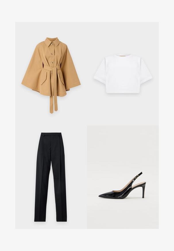Rodebjer RACHEL TRENCH - Trenchcoat - khaki; Cropped white t-shirt made of soft fabric, featuring short sleeves, a round neckline, and ribbed hem details. Simple and unembellished design.; Black trousers made from smooth fabric featuring a high waist, wide legs, front pleats, and classic belt loops. No side pockets visible.; Black patent leather slingback pump with pointed toe, slim heel, and a subtle cutout design. Features a gold buckle on the strap.