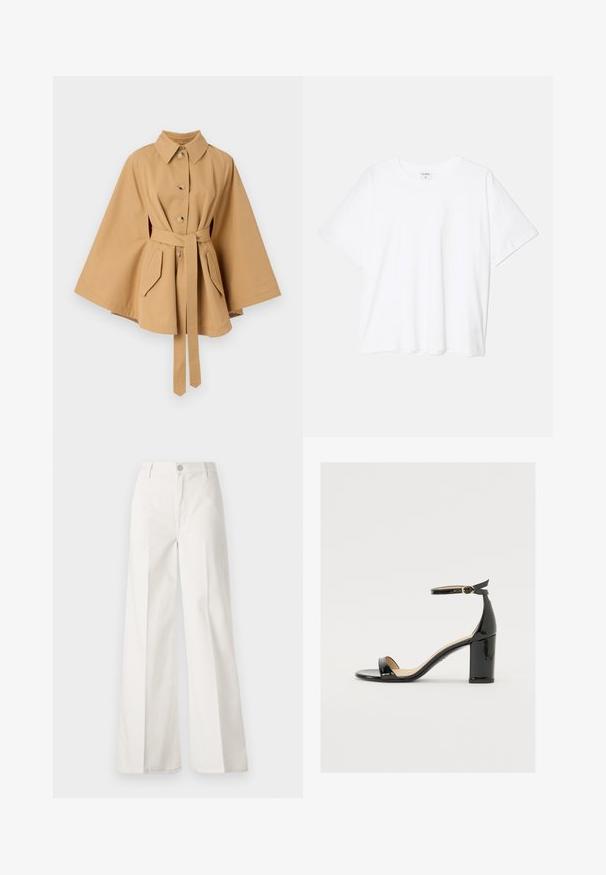 Rodebjer RACHEL TRENCH - Trenchcoat - khaki; White cotton t-shirt with short sleeves, round neckline, relaxed fit, and stitched hem. Label visible on the inside neck.; White wide-leg trousers made from cotton with a smooth texture. Features a front button, zipper fly, and four-pocket design.; Black patent leather sandal with a wide heel, open toe, and ankle strap featuring a gold buckle. Smooth texture and sleek design.