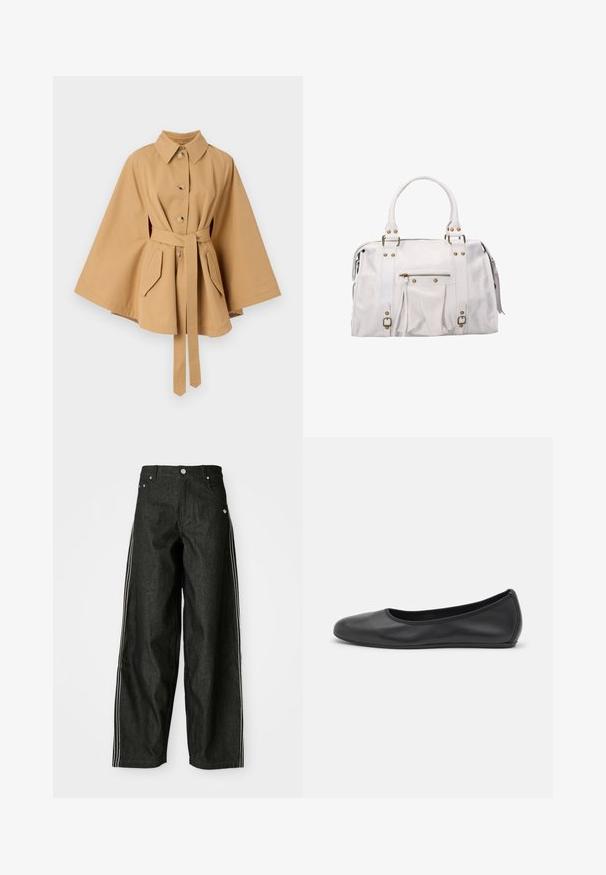 Rodebjer RACHEL TRENCH - Trench - khaki; Maglietta nera a maniche corte con collo a giro e maniche raglan, presentata su uno sfondo bianco.; Pantaloni larghi in denim nero con strisce laterali bianche, dotati di tasche frontali, chiusura con bottone e un logo discreto vicino alla vita.; Pantofole da balletto nere in pelle con punta arrotondata, texture liscia, dettagli di cucitura minimi e design con suola flessibile.; Borsa in pelle bianca con hardware dorato, doppi manici, chiusura con zip e tasca frontale. Presenta un design plissettato e frange laterali.