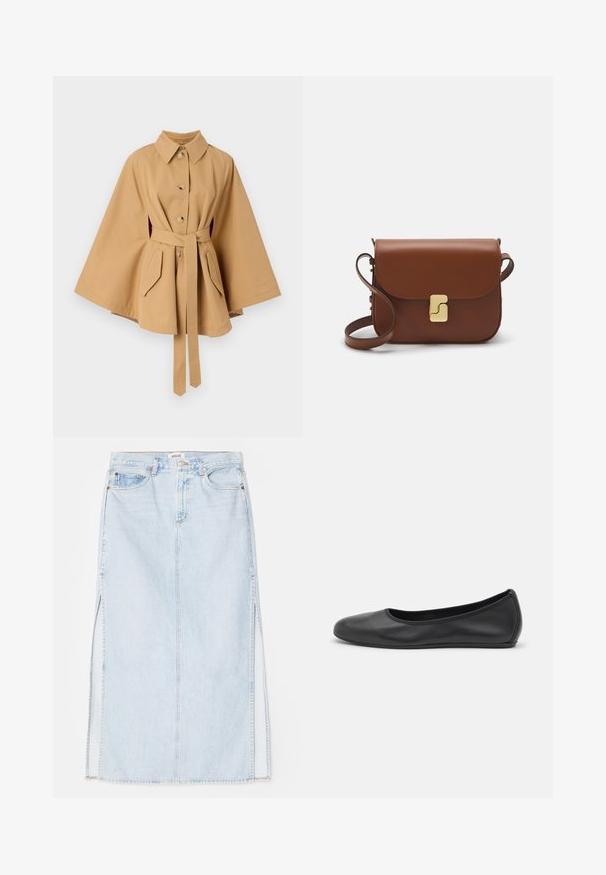 Rodebjer RACHEL TRENCH - Trenchcoat - khaki; White short-sleeve t-shirt made of ribbed fabric. Round neckline, regular fit, and subtle stitching details. No patterns or graphics.; Light blue denim maxi skirt with a straight cut, featuring side slits and five-pocket design. Prominent stitching and metal button closure.; Black leather ballet flat with a rounded toe, smooth texture, minimal stitching detail, and a flexible sole design.; Brown leather handbag with a flap closure, gold-tone hardware, a shoulder strap, and a smooth texture. Compact rectangular shape.