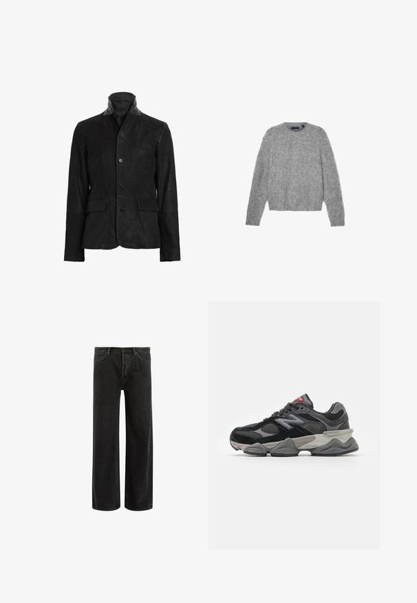Czarna skórzana kurtka z wysokim kołnierzem, zapięciem na guziki, dwiema przednimi kieszeniami i teksturowanym wykończeniem. Posiada gładkie akcenty na ramionach.; Szary, długi sweter z rękawami wykonany z puszystego materiału, z okrągłym dekoltem i skróconym krojem. Gładka faktura o miękkim, lekkim wyglądzie.; Zielona bawełniana koszulka z krótkim rękawem, prążkowany okrągły dekolt, haftowane logo Nike na piersi. Gładka struktura i luźny krój.; Czarne dżinsy o szerokich nogawkach z wysokim stanem, z klasycznym pięciopunktowym krojem oraz delikatnym wyblaknięciem dla uzyskania teksturowanego wyglądu.; Czarno-szare sneakersy z połączeniem materiałów zamszowych i siateczkowych, gruba podeszwa, wyraźne logo oraz czerwony akcent na języku.