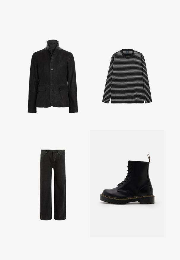 Schwarze Lederjacke mit hohem Kragen, Knopfverschluss, zwei Fronttaschen und strukturiertem Finish. Verfügt über glatte Schulterakzente.; Langärmliges T-Shirt mit schwarz-weißen Streifen aus weicher Baumwolle. Es hat einen Rundhalsausschnitt und einen kontrastierenden schwarzen Rippkragen.; Schwarze, weit geschnittene Jeans aus Denim mit hoher Taille, im klassischen Fünf-Taschen-Design und subtilem Verblassen für eine strukturierte Optik.; Schwarze Leder-Ankle-Boots mit schnürbarem Vorderteil, gelben Nähten, runder Zehenpartie und dicker, strukturierter Gummisohle.