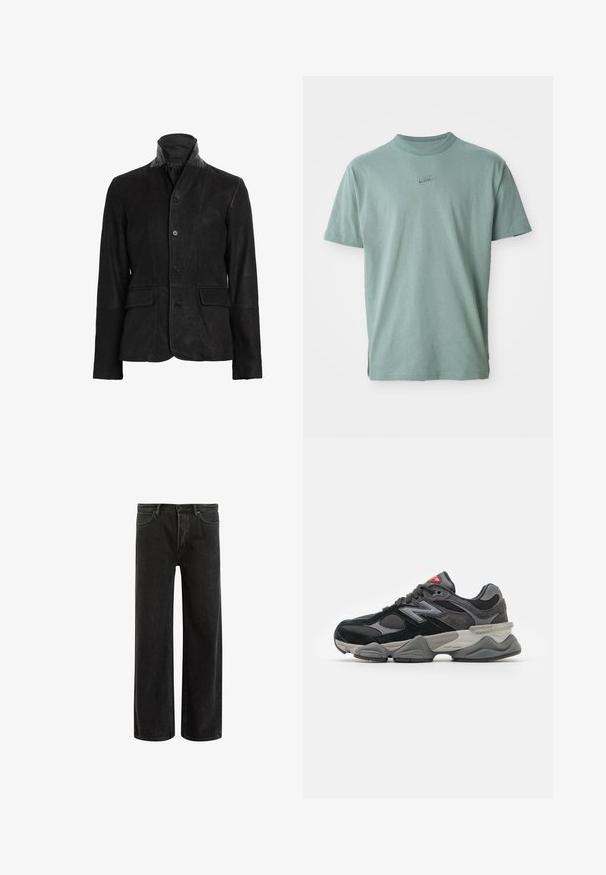 Giubbotto di pelle nera con colletto alto, chiusura con bottoni, due tasche frontali e finitura testurizzata. Presenta accenti sulle spalle lisci.; T-shirt in cotone verde con maniche corte, colletto a girocollo rib ribattuto e logo Nike ricamato sul petto. Tessuto liscio e vestibilità rilassata.; Jeans wide-leg in denim nero con vita alta, caratterizzati da un classico design a cinque tasche e da un leggero sbiadimento per un aspetto testurizzato.; Sneaker nera e grigia con un mix di materiali in suede e mesh, suola spessa, logo prominente e accento rosso sulla linguetta.