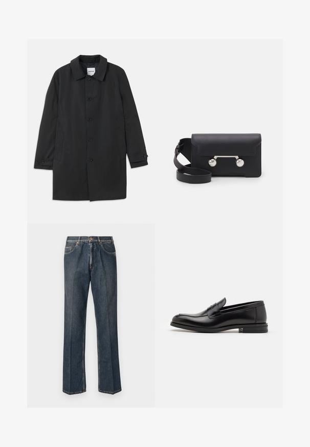 Musta takki, joka on valmistettu sileästä kankaasta, ja siinä on klassinen kaulus sekä kuusi nappia. Mukana sivutaskut ja nappikiinnitteiset hihat.; Kermakoolne kootud sviiter polo kaelusega, ribadega mansetid ja äär, esipaneeliga ja pehme tekstuuriga.; T-paita tummansinisestä kankaasta, lyhyet hihat, valkoinen teksti "neanche per sogno" keskellä rintaa, pyöreä kaula-aukko, keskikoko.; Tummansiniset suorat farkut, joissa on edessä nappi, vetoketju, tuplakoteloita ja näkyvät pystysaumat lahkeissa.; Mustat nahkakengät, joissa on sileä pinta, pyöreä kärki ja koristeellinen nauha jalkapöydän yli. Matala pinoitu koroke, minimalistinen muotoilu.; Mustan nahkainen olkalaukku, jossa on läppäkiinnitys, hopeanväriset yksityiskohdat ja kaksi pyöreää koristetta. Varustettu irrotettavalla hihnalla. Sileä pinta.