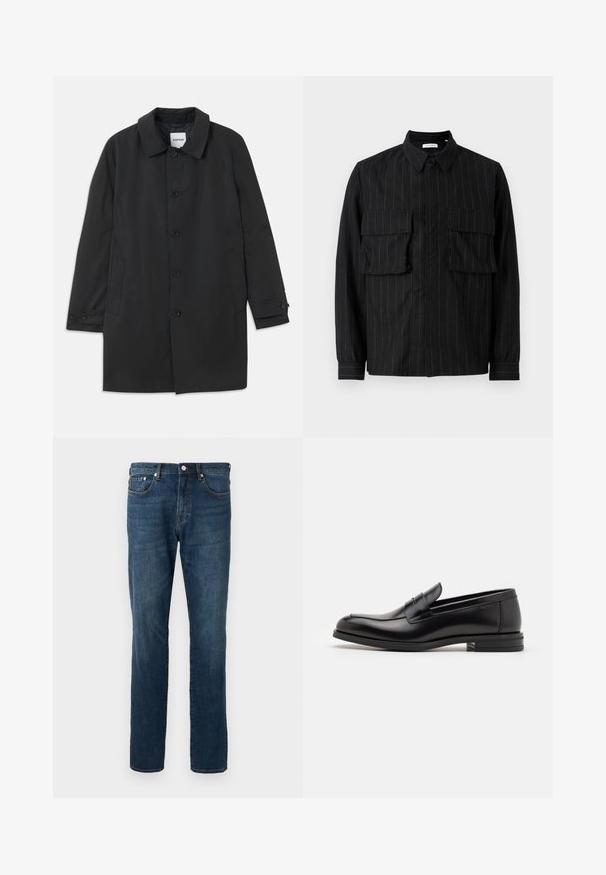 Zwarte jas van gladde stof, met een klassieke kraag en zes knopen. Inclusief zijzakken en knoopmanchetten.; Zwarte langarmat shirt met verticale streepjes, twee borstzakken, een kraag en knoopsluiting. Zacht, gestructureerd stof.; Donkerblauwe denim jeans, rechte pijpen, vijf zakken, knoopsluiting, met subtiele vervaging en stikseldetails. Soepele textuur.; Zwarte leren instappers met een gladde textuur, ronde neus en een decoratieve band over de wreef. Lage, gestapelde hak en minimalistisch ontwerp.