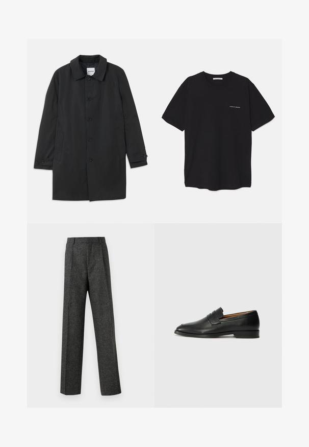 Čierny kabát z hladkej tkaniny s klasickým golierom a šiestimi gombíkmi. Obsahuje bočné vrecká a gombíkové manžety.; Čierne bavlnené tričko s okrúhlym výstrihom, krátkymi rukávmi a bielou potlačou loga na ľavej hrudi. Jednoduchý, jednoliaty dizajn.; Sivé úzke nohavice z textúrovanej látky, s dvoma prednými skladmi a rovnými nohavicami. Bez viditeľných vreciek alebo ozdôb.; Čierne kožené mokasíny s okrúhlou špičkou, jemným prešitím a nízkym podpätkom, s hladkou textúrou a minimalistickým dizajnom.