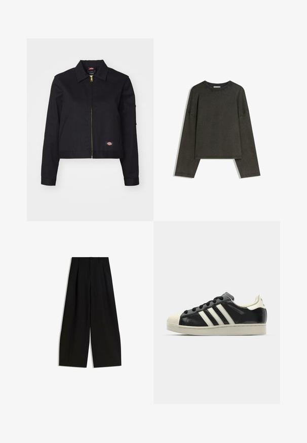 Black cropped jacket made of sturdy fabric, featuring a front zipper, side pockets, and a small logo patch on the left side.; Dark grey long-sleeve top made of cotton-blend fabric. Boxy shape with a round neckline and dropped shoulders, featuring visible stitching.; Black wide-leg trousers made of smooth fabric, featuring a high waist, pleats at the front, and no visible embellishments or patterns.; Black leather sneaker with white stripes, rubber toe cap, black laces, and a cream-colored outsole. Smooth texture with shiny finish.