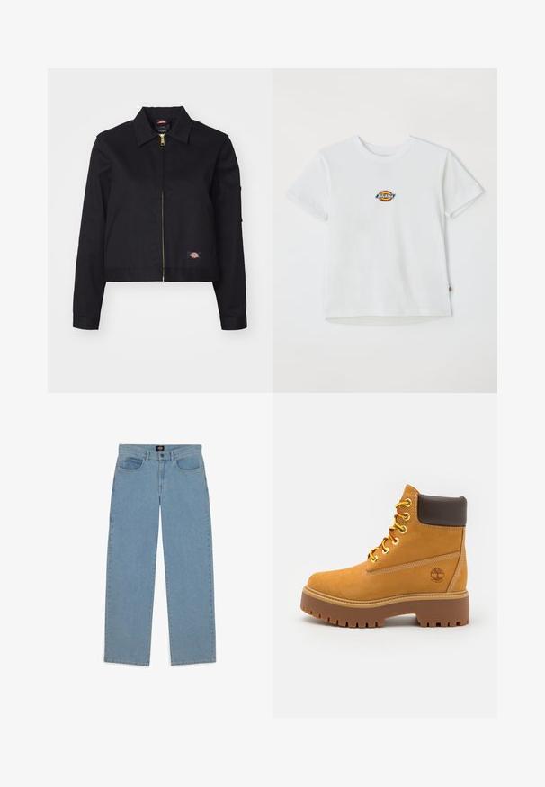 Black cropped jacket made of sturdy fabric, featuring a front zipper, side pockets, and a small logo patch on the left side.; White cotton t-shirt featuring a round logo with multicolor accents. Short sleeves and a crew neckline, with a small tag at the hem.; Light blue jeans, loose fit, denim fabric, five-pocket design, button closure, straight legs, visible stitching, no patterns or accents.; Tan waterproof ankle boot with a sturdy rubber sole, round toe, brown leather collar, yellow laces, and a logo on the side.