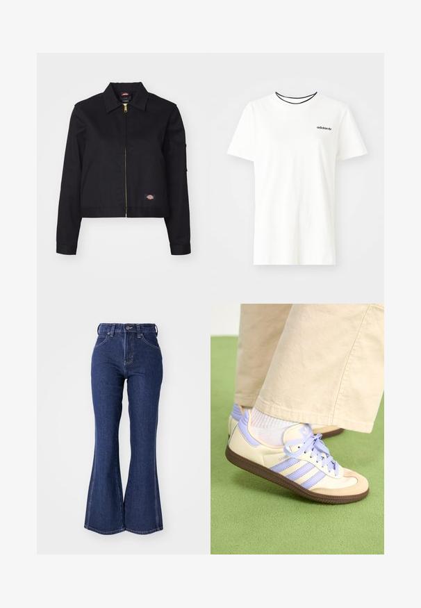 Must teenär liibuv must jope, millel on vastupidav kangas, ees on lukuga sulgur, külgedel taskud ja väike logopatch vasakul küljel.; Valge puuvillasest t-särgist lühikeste varrukatega ja ümarate kaelustega. Rinnal on must Adidas'i logo ning kontrastne must sisekaelus.; Tumedast sinise värvusega flared teksased, mis on valmistatud denimist, kõrge vöökoha, esise nupuga kinnituse ja kontrastsete valgete õmblustega.; Kreemi ja lavendlivärvi tenniset, millel on kolm triipu ja tekstuuriga pruun tall, varustatud paelte ja pehmendatud kontsaga. Pehme kangast ülemine osa.