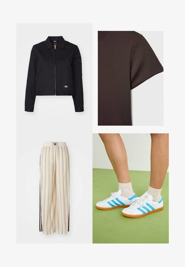 Črna krajša jakna iz trpežnega materiala, ki ima sprednji zadrgo, stranske žepe in majhno oznako na levi strani.; Temno rjava majica s kratkimi rokavi, izdelana iz gladkega, raztegljivega materiala, z osnovnim krojem vratu in čistimi šivi.; Hlače širokega kroja kremne barve z zigzag vzorcem, opremljene z črnim logotipom na pasu in stranskimi črnimi črtami. Lahka, teksturirana tkanina.; Bele teneške z svetlo modrimi črtami, gumijastim podplatom in vezalnim dizajnom. Opremljene so z zlatim logotipom in gladko teksturo, podobno usnju.