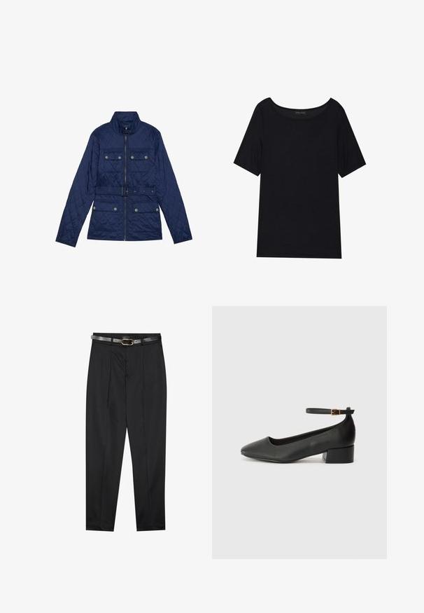 Mornarska prešita jakna z visokim ovratnikom, sprednjim zadrgo, dvema žepoma na prsih s poklopcem, pasom in strukturiranim rombastim vzorcem.; Črna majica s kratkimi rokavi z širokim izrezom. Narejena iz mehkega, lahkega materiala. Preprost dizajn brez vzorcev ali poudarkov.; Črne hlače iz gladkega blaga, z ozkim pasom in teksturiranim sivim pasom z zlatim sponko. Rahlo zožani hlačnica.; Črne usnjene pumpice z nazobčanimi prsti in nizko blokasto peto. Imajo trak okoli gležnja z zaponko v zlatem tonu. Gladka tekstura.