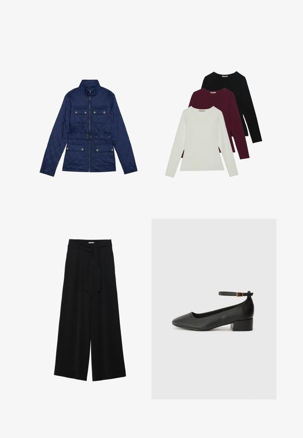 Jachetă cusută de marină, cu guler înalt, fermoar frontal, două buzunare la piept cu clapă, talie cu curea și model texturat în diamante.; Tricouri cu mânecă lungă în alb, burgundy și negru. Realizate dintr-un material moale, cu un guler rotund și un design ajustat. Potrivite pentru straturi.; Pantaloni largi negri dintr-un material texturat, cu un tiv elastic și o panglică detașabilă la talie pentru un fit ajustabil.; Pantof cu toc negru din piele, cu vârf ascuțit și toc mic pătrat. Dispune de o curea la gleznă cu o cataramă în tonuri de aur. Textură netedă.