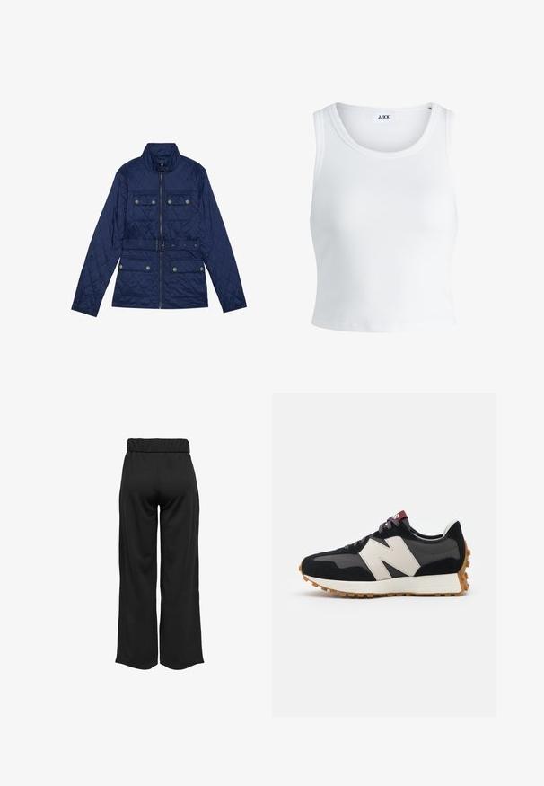 Navy quilted jacket with a high collar, front zipper, two chest pockets with flaps, belted waist, and textured diamond pattern.; White ribbed tank top featuring a round neckline, sleeveless design, and a cropped length. Label reads "JJXX." Smooth fabric texture.; Black, wide-leg pants with an elastic waistband, made from smooth fabric. Features a clean design with no pockets or visible stitching details.; Black and gray suede sneaker with a large cream-colored "N" logo, purple laces, and a textured gum rubber outsole.