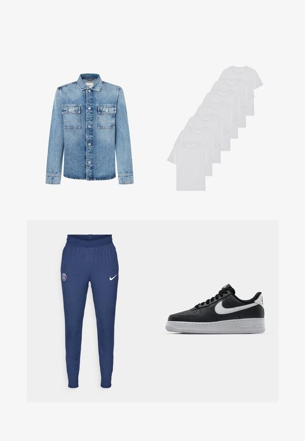 Modra jeans jakna z dolgimi rokavi, ovratnikom, sprednjim gumbom ter dvema prsno žepoma s gumbi.; Beli bombažni T-majici, kratki rokavi, krožni izrez, enostavna tekstura, zloženi v vrsto, s subtilnim logotipom na vratu.; Mornarice športne hlače iz teksturiranega materiala z logotipom Pariza na levem stegnu in belim Nikejevim logotipom na desni strani.; Črne usnjene teniske z teksturirano površino, bele Nikejeve zmage, sivo podplato, okroglo konico in vezalno zasnovo. Imajo perforacije na prednjem delu.