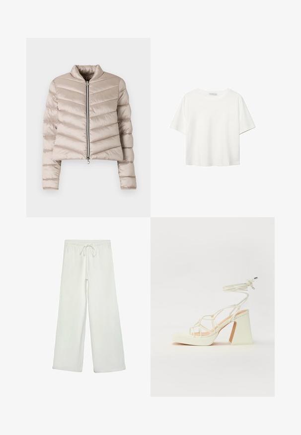 Lys beige pufferjakke med cropped design, prydet med horisontale quiltede linjer, høj krave og lynlåslukning foran.; Hvid kortærmet t-shirt lavet af bomuld. Har en rund halsudskæring og en afslappet pasform. Glat tekstur uden synlige mønstre eller detaljer.; Hvide bukser med bred ejer lavet af blødt stof. Har en elastisk talje med snor og en glat tekstur. Ingen synlige mønstre eller hardware.; Hvide højhælede sandaler med en kraftig hæl, der har et stropdesign og ankelbinding. Glat tekstur med en platform foran for ekstra højde.