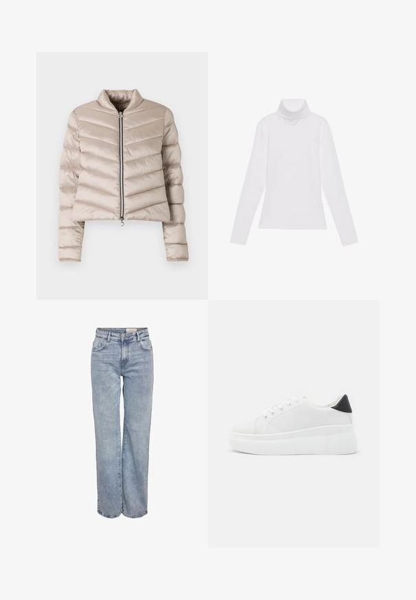 Jasnobeżowa kurtka puchowa o skróconym fasonie, z poziomymi przeszyciami, wysokim kołnierzem i zapięciem na zamek z przodu.; Biała bluzka z długim rękawem i golfem, wykonana z gładkiego, elastycznego materiału. Posiada wysoki kołnierz i dopasowany krój, bez widocznych wzorów czy zdobień.; Jasnoniebieskie dżinsy z szerokimi nogawkami, wykonane z denimu, z wysokim stanem, pięciowgzianą konstrukcją i subtelnym wyblaknięciem, dającym wrażenie noszonych.; Białe sneakersy na platformie wykonane z gładkiego materiału syntetycznego, z zaokrąglonym noskiem, sznurowanym zapięciem i teksturowaną gumową podeszwą. Czarne akcenty na pięcie.