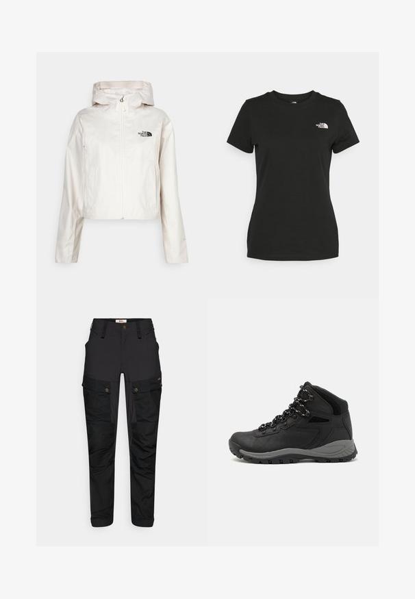 Trumpa balta vandeniui atspari striukė su užtrauktuku, gobtuvu ir juodu logotipu ant krūtinės. Lygus paviršius ir ilgomis rankovėmis su prigludusiomis rankovėmis.; Juodas medvilninis marškinėliai su apvalia apykakle ir trumpomis rankovėmis. Išskirtinis baltas logotipas viršutinėje kairėje pusėje. Sklandus tekstūra, laisvas pritaikymas.; Juodi cargo kelnės, pagamintos iš tvirto audinio, su keliomis kišenėmis, užtrauktuko uždarymu ir plokščiu juosmeniu. Tekstūruoti kelio ir šonų detalės.; Juodas žygio botas su vidutinio aukščio dizainu, pasižymintis tekstūruota viršutine dalimi, pilkų akcentų ir patvaria guma padanga su sukibimo gumbais.