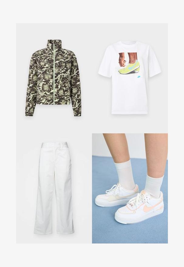 Jakna s cvjetnim uzorkom u prigušenoj zelenoj i crnoj boji, s uspravnim ovratnikom, prednjim zipom i elastičnim manžetama za oblikovani siluet.; Bijela pamučna majica s grafikom stopala u žutim Nike kopačkama s plavim akcentima, uparena s narukvicom na lijevom zapešću.; Bijele hlače širokih nogavica napravljene od pamuka, s glatkom teksturom, ravnim krojem, prednjim džepovima i čistim rubom.; Bijele tenisice s breskvastim akcentima, glatka kožna gornja strana, perforirani vrh, teksturirana potplat i vezice. Nosi se s bijelim čarapama na plavoj površini.