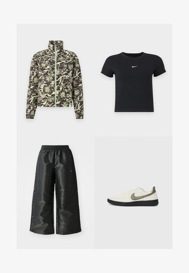 Floral-patterned jacket in muted green and black, featuring a stand-up collar, front zipper, and elasticized cuffs for a fitted silhouette.; Black short-sleeve t-shirt made of cotton with a round neckline. Features a white Nike logo on the chest, minimalistic design, and fitted shape.; Black athletic pants with a shiny, smooth fabric, featuring an elastic waistband, wide legs, and a small logo on the left side.; Nike Sportswear FIELD GENERAL - Trainers - off-white/black