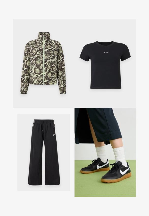 Giacca con motivo floreale in verde tenue e nero, con colletto alto, zip frontale e polsini elasticizzati per una silhouette aderente.; T-shirt nera a maniche corte in cotone con scollatura rotonda. Presenta un logo Nike bianco sul petto, un design minimalista e una forma aderente.; Pantaloni da jogging neri in tessuto morbido, con vita elasticizzata e cordoncino, strisce laterali e un piccolo logo sul lato sinistro davanti.; Sneaker in pelle nera e sintetica con logo Nike bianco, suola in gomma, punta rotonda e lacci neri. Calze bianche a righe visibili.