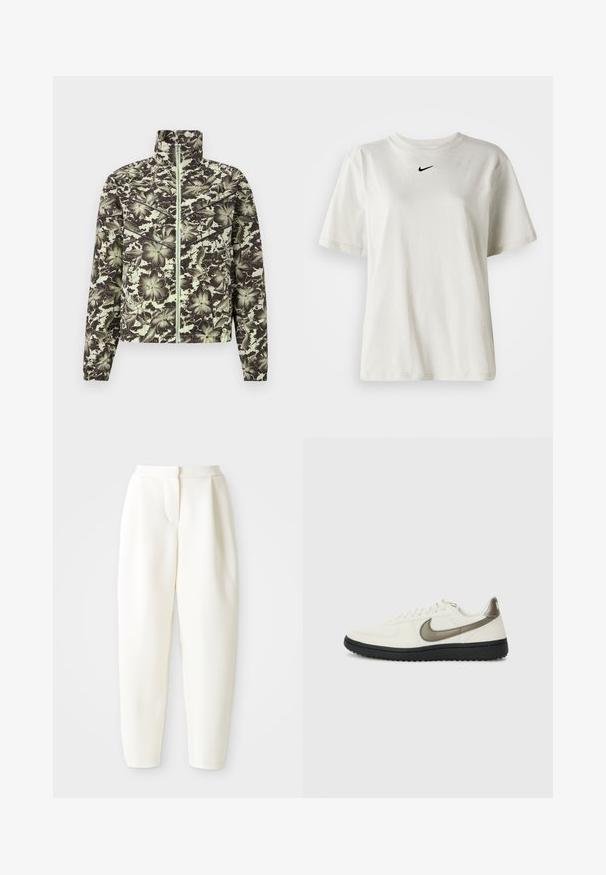 Blomsterprydd jakke i dempet grønn og svart, med stående krage, glidelås foran og elastisk mansjett for en tettsittende silhuett.; Hvit bomulls T-skjorte med rund halslinning og korte ermer. Har en liten svart Nike-logo på brystet. Enkel og uten dekorasjoner.; Høytlivede, smale hvite bukser med skjult frontlukking og sidelommer, vist mot en ensfarget hvit bakgrunn.; Nike Sportswear FIELD GENERAL - Joggesko - off-white/black