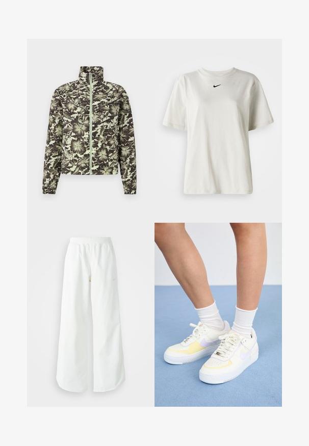 Lillelillelise mustriga jakk tuhmrohelises ja mustas värvitoonis, millel on seisva kraega, esine lukuga ja elastsetest randmetest, et saavutada stiilne siluett.; Valge puuvillane T-särk, millel on ümmargune dekoltee ja lühikesed varrukad. Rinnal on väike must Nike logo. Lihtne ja kaunistusteta disain.; Valged laiad spordipüksid, ribadega vöökoht ja diskreetne logosümbol. Sile kangas, lõdvestatud istuvus ja kitsenev ääreosa.; Valged nahast tossud kollaste ja lavendlitoonide aktsentidega, ümar varvas, tasased paelad ja tekstureeritud kummist tald. Kannab valgeid sokke.
