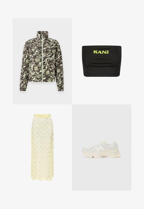 Kvetinová vzorovaná bunda v tlmenej zelenej a čiernej farbe, s vystuženým golierom, predným zipsom a elastickými manžetami pre priliehavý siluetu.; Čierny bezramienkový top vyrobený z elastického materiálu s veľkým neonovo žltým logom "KANI" v strede. Hladká textúra s minimálnymi švami.; Žltá čipková maxi sukňa s vlnitým vzorom, s hladkým pásom a jemnou, priesvitnou textúrou. Navrhnutá pre vzdušný siluet.; Ľahká teniska s vrchom z nylonovej sieťoviny a zamatovej kože v jemných krémových odtieňoch, so robustnou podrážkou a trojrozmernými akcentmi.