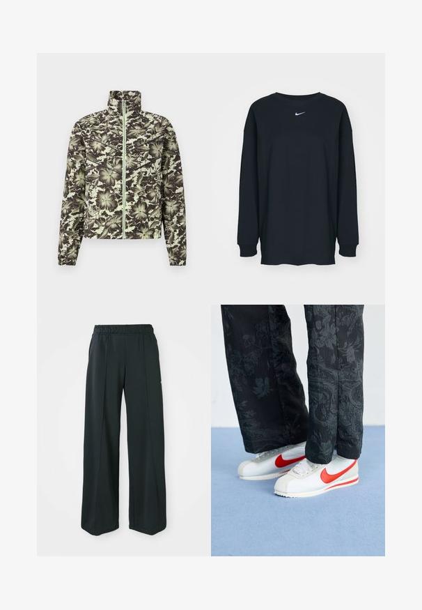 Gėlių rašto striukė, kuri yra pastelinių žalių ir juodų spalvų, su kaiščiu, priekine užtrauktuku ir elastinėmis rankogaliais, suteikiančiais figūrą akcentuojančią siluetą.; Juodas ilgam rankovėms marškinėlis, pagamintas iš medvilnės, su apvalia iškirpte. Krūtinėje yra baltas Nike logotipas. Minkšta tekstūra, paprastas dizainas.; Juodos, plačios sportinės kelnės su elastingu juosmeniu. Pagamintos iš lygaus, tampraus audinio, su subtiliomis priekinėmis siūlėmis ir be kišenių.; Baltos Nike sneaker'iai su raudonais akcentais, derinami su juodomis kelnių, turinčiomis gėlių raštą. Paviršius lygus, su plokščiu pynimo padu.