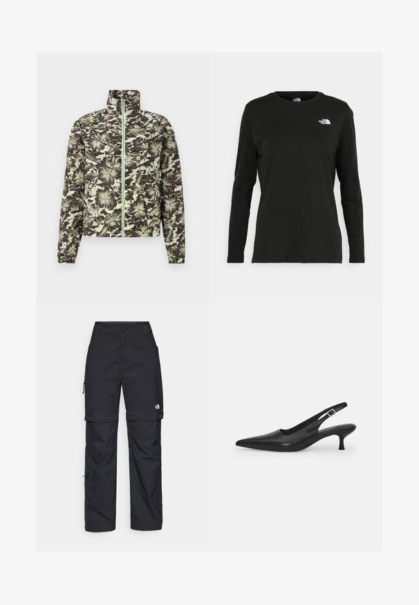 Casaco com padrão floral em verde suave e preto, apresentando um colarinho alto, fecho éclair na frente e punhos elásticos para uma silhueta ajustada.; T-shirt preto de mangas longas, feito de algodão, com decote redondo. Apresenta um pequeno logótipo branco na área esquerda do peito. Design simples e ajuste confortável.; Calças cargo pretas em nylon com fechos de correr removíveis, punhos ajustáveis, múltiplos bolsos e um logótipo na perna direita. Textura suave e leve.; Shoe slingback preta em pele com bico fino e um salto slim e curvado. Apresenta uma tira ajustável discreta com uma fivela de metal.