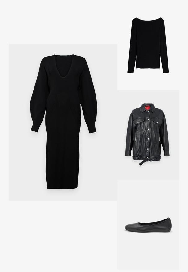 Veste en cuir noir avec un col, boutons-pression en métal argenté, deux poches avant, poches latérales zippées et taille ceinturée. Étiquette intérieure rouge.; Robe en tricot noire avec un décolleté en V profond, de longues manches volumineuses et des détails en relief sur le corsage.; Intimissimi CHRISTMAS - T-shirt à manches longues - black; Ballerines en cuir noir avec un bout rond, texture lisse, détails de couture minimalistes et design de semelle flexible.