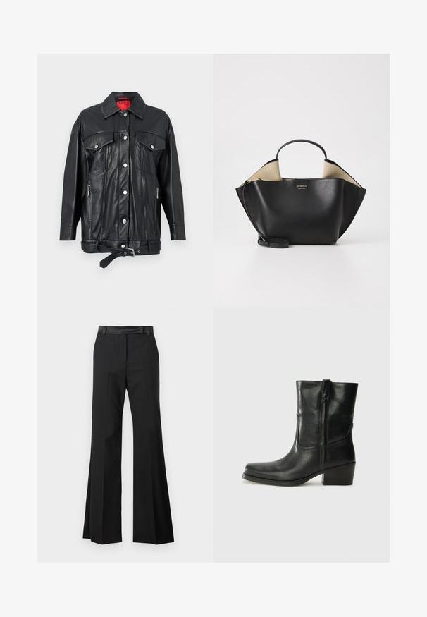 Veste en cuir noir avec un col, boutons-pression en métal argenté, deux poches avant, poches latérales zippées et taille ceinturée. Étiquette intérieure rouge.; Pull à col roulé noir en tissu doux. Il dispose de manches longues, d'un col montant et de bords côtelés pour un look cintré.; Pantalons évasés noirs avec une finition en tissu lisse, dotés d'une taille solide et de plis marqués pour une apparence soignée.; Bottine en cuir noir avec un bout rond, un talon carré, une fermeture éclair sur le côté et des coutures décoratives sur l'empeigne. Texture lisse, design classique.; Ree Projects ANN TOTE MINI - Sac à main - black