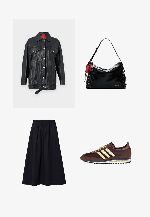 Black leather jacket with a collar, silver snap buttons, two front pockets, side zipper pockets, and a belted waist. Red inner label.; Black short-sleeve top with a high neckline and relaxed fit. Made from soft fabric with a smooth texture. No visible patterns or graphics.; Black, knee-length skirt made from lightweight fabric. Features an elastic waistband and a simple, smooth texture. No visible patterns or embellishments.; Brown and burgundy sneaker with suede and mesh materials, featuring three cream stripes, textured fabric on the tongue, and a rubber sole.; Black leather handbag with a slouchy design, lace-up detailing on the sides, and a red accent tag. Features a long adjustable strap.