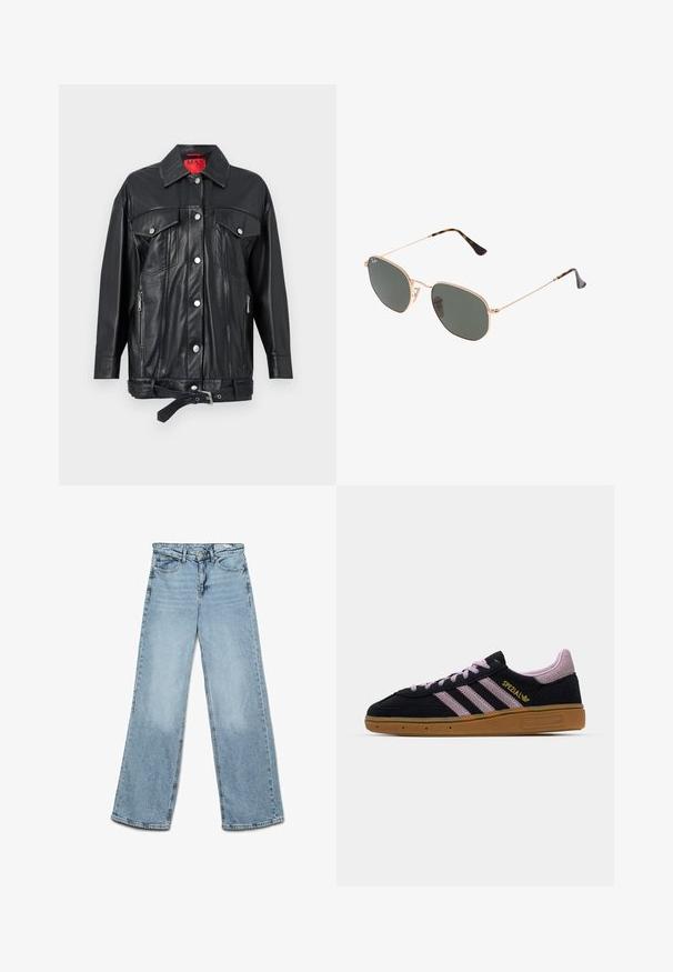 Juodas odinis švarkas su apykakle, sidabriniais mygtukais, dviem priekinėmis kišenėmis, šoninėmis užtrauktukų kišenėmis ir diržo juosmeniu. Raudona vidinė etiketė.; Juodas raštuotas lieknas marškinėliai su apvalia iškirpte ir balta siuvinėta logotipu. Medžiaga yra glotni su pritaikytu siluetu.; Šviesiai mėlynos plačios kojų džinsai, pagaminti iš džinsinio audinio, su klasikiniu penkių kišenių dizainu ir tiesiai kirpimu, su minimaliu blukimu ant kojų.; Juodas ir rožinis zomšinis sportbačių modelis su guminiais padais, trimis rožiniais dryžiais, auksiniu "SPEZIAL" ženklu ir tekstūruotu guminiais padais. Žemas dizainas.; Auksiniai metaliniai akiniai nuo saulės su tamsiai žaliomis lęšiais, aviator tipo, su siaurais rėmeliais ir kilpiniu akmeniu ant galiukų.