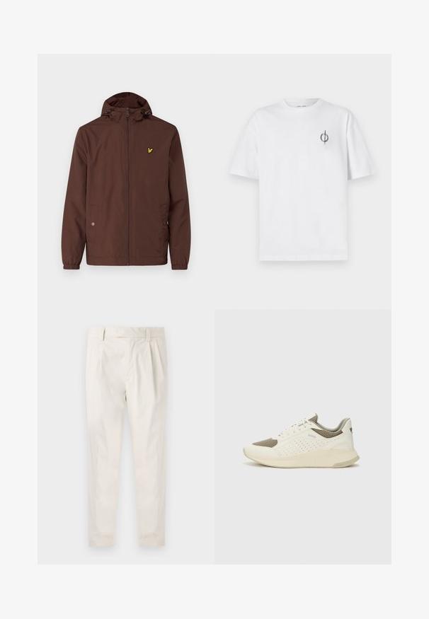 Lyle & Scott ZIP THROUGH JACKET - Poletna jakna - deep mahogany; Bela bombažna majica s sproščenim krojem, ki ima majhen črn grafični logotip na levem prsnem delu. Kratke rokave, okrogel izrez.; Bele, plisirane hlače s krojenim prileganjem, z gladko teksturo, z zankami za pas in ožjimi hlačnicami. Brez vidnih žepov ali vzorcev.; Beli in svetlo bež športni copat, s mrežastim zgornjim delom, perforiranimi detajli in teksturirano srednjim delom z blagovno znamko na peti.