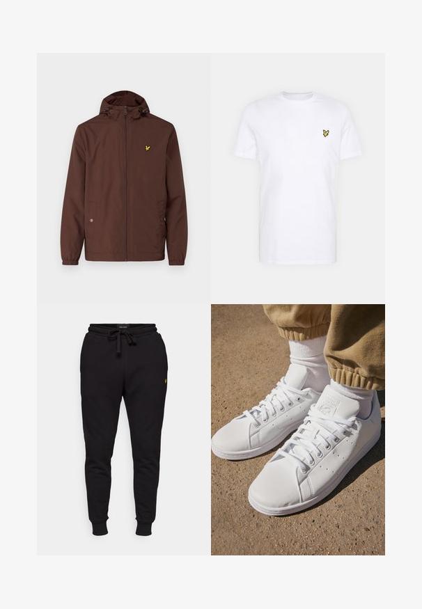 Lyle & Scott ZIP THROUGH JACKET - Ljetna jakna - deep mahogany; Bijela pamučna majica s malim crnim i žutim izvezenim logotipom na lijevoj strani prsnog koša. Kratki rukavi i okrugli izrez.; Crne pamučne trenirke s elastičnim pojasom, vezicom i rebrastim manžetama. Ima mali žuti logo na lijevom bedru.; Bijele kožne tenisice s glatkom površinom, klasičnog dizajna s vezicama, s perforacijama za prozračnost i teksturiranim gumenim potplatom.