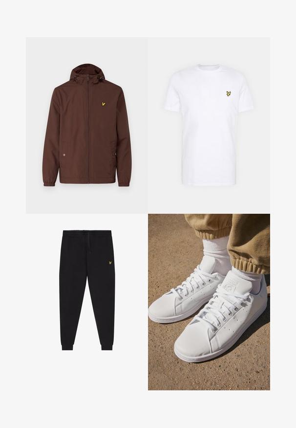 Lyle & Scott ZIP THROUGH JACKET - Vasaras jaka - deep mahogany; Baltas kokvilnas T-krekls ar mazu melnu un dzeltenu izšuvumu, kas atrodas kreisajā krūšu daļā. Īsas piedurknes un apaļa kakla izgriezums.; Melnas sporta bikses ar elastīgu jostasvietu un auklu, šaurām kājām ar elastīgām aprocēm un nelielu dzeltenu izšūtu logotipu labajā augšstilbā.; Baltas ādas sporta apavi ar gludu virsmu, ar klasisku šņorēšanas dizainu, ar perforējumiem gaisa caurlaidībai un teksturētu gumijas zoli.