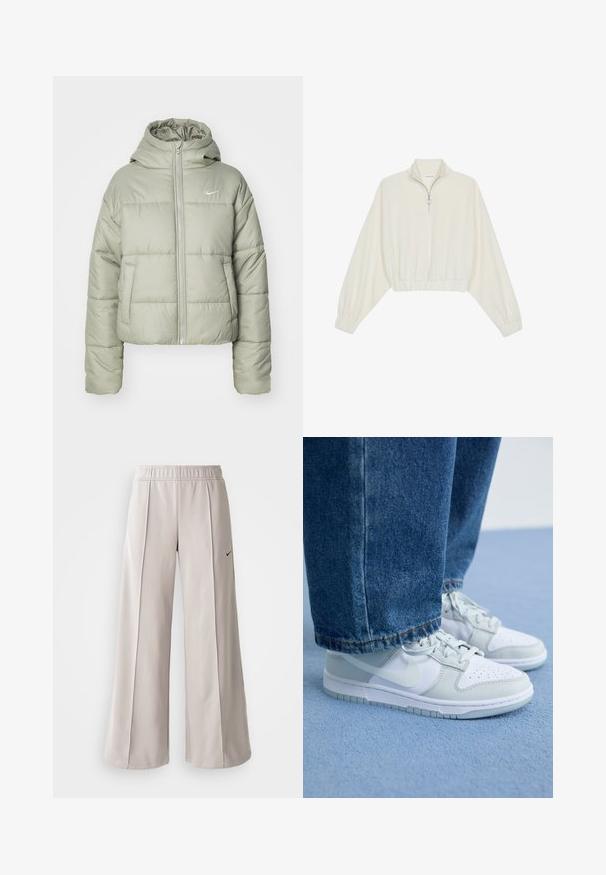 Polstret, kort jakke i lys grønn med hette. Har to frontlommer og glidelås. Reflekterende Nike-logo på venstre bryst.; Kort genser i kremfarget stoff, med høy krage, halv glidelås, elastisk nederste kant og mansjetter, med en glatt tekstur og minimalistisk design.; Lys grå vide bukser lavet af glat stof. Har en elastisk talje og sort Nike-logo på venstre side.; Nike-sko i hvit og lys grå lær med perforert tå, flate lisser og gummisåle, sammen med blå denimjeans.