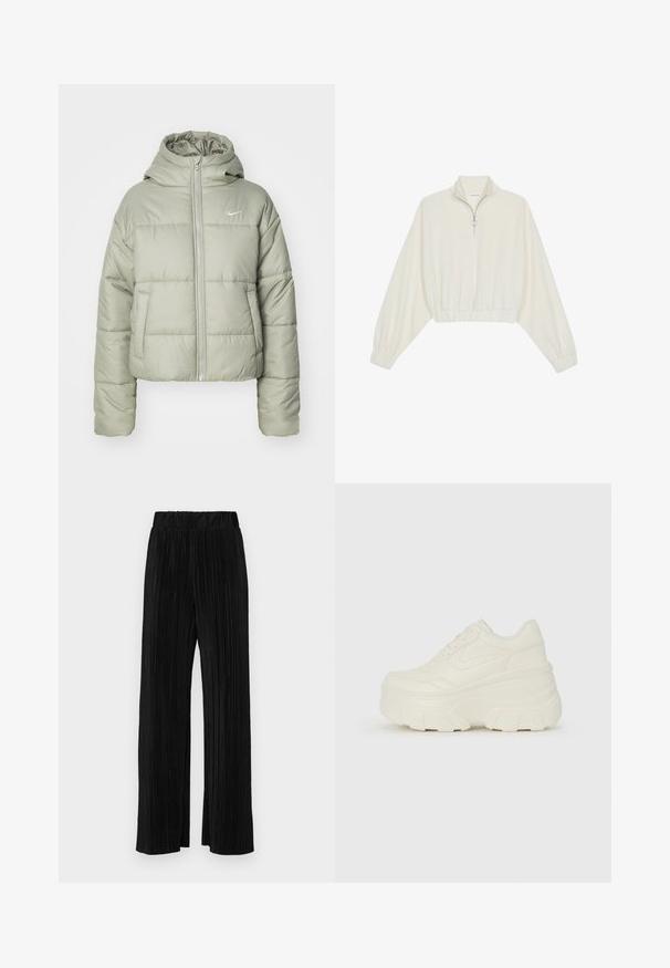 Huzatos, rövidített dzseki világoszöld színben, kapucnival. Két elülső zsebe és cipzáras záródása van. A bal mellen fényvisszaverő Nike logo található.; Krém színű, rövidített pulóver, magas gallérral, félig cipzáros záródással, elasztikus derék- és ujjakrésszel, sima textúrával és minimalista dizájnnal.; Fekete pliszírozott nadrág gumis derekkal. Széles lábakkal rendelkezik, sima, texturált anyagból készült, függőleges csíkokkal.; Fehér platform sportcipők, sima bőrszerű felsőrésszel, kerek formával, párnázott bokával és texturált gumitalppal, jól definiált mintázattal.