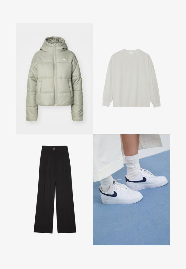 Pamuota, trumpa švarkas šviesiai žalia spalva su kapišonu. Yra dvi priekinės kišenės ir užtrauktuko uždarymas. Atsidarančios Nike logotipas kairėje krūtinės pusėje.; Šviesiai pilkas ilgomis rankovėmis marškinėliai, pagaminti iš minkštos medvilnės. Sukurtas laisvam prigludimui, apvaliu iškirpimu ir švelniai susigūžusiomis rankovėmis. Be raštų ar piešinių.; Juodos plačios kelnės su klostėmis, turinčios mygtuko užsegimą ir dvi šonines kišenes; lygus tekstūra su pritaikytu dizainu.; Balti Nike Air Force 1 sneakeriai su tamsiai mėlynais akcentais, perforuota nosimi, lygiais raišteliais ir guminiu padu, derinami su raukšlėtais baltais kojinėmis.