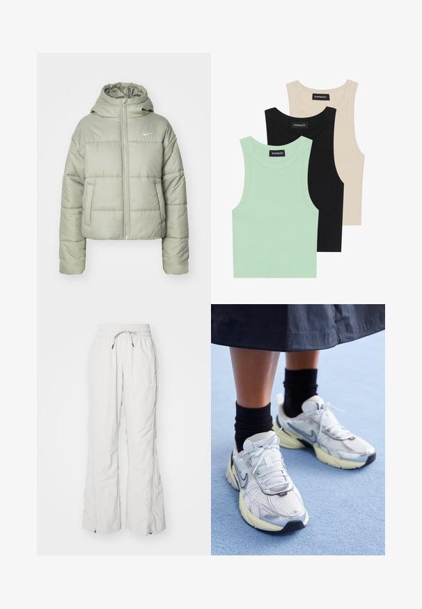 Prošívaná, zkrácená bunda ve světle zelené barvě s kapucí. Má dvě přední kapsy a zapínání na zip. Reflexní logo Nike na levé straně hrudi.; Tři tílka v mátové zelené, černé a béžové barvě; vyrobená z žebrované látky s kulatým výstřihem a bez rukávů. Viditelná značková etiketa.; Světle šedé cargo kalhoty vyrobené z texturované tkaniny, s elastickým pasem na šňůrku, bočními kapsami a zipy na kotnících.; Bílé a stříbrné tenisky Nike z prodyšné tkaniny s reflexními akcenty a béžovou podrážkou. Nosené s černými ponožkami, stojící na modrém povrchu.