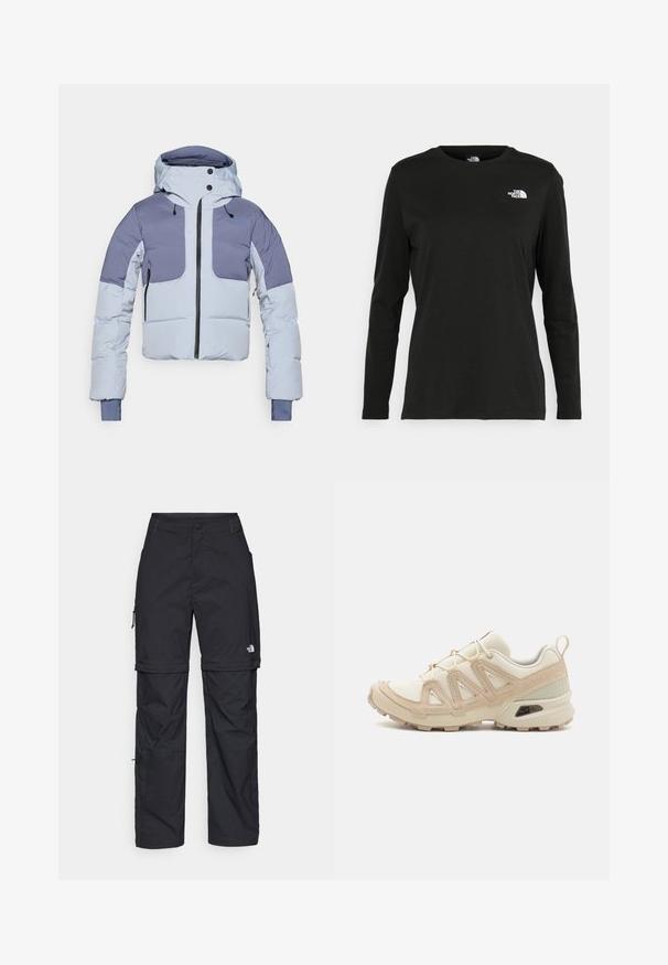 Svetlo modra puffer jakna z nastavljivo kapuco, navpičnim sprednjim zadrgo in kontrastnimi temno modrimi ramenskimi in rokavnimi paneli. Teksturna tkanina.; Črna majica z dolgimi rokavi iz bombaža z okroglo izrezom. Ima majhen bel logotip na levem prsnem delu. Enostaven dizajn in prileganje.; Črne najlon hlače z zipom, ki se lahko odstranijo, s prilagodljivimi manšetami, več žepi in logotipom na desni nogi. Gladka, lahka tekstura.; Bež in krem športni čevlji z teksturiranim mrežastim zgornjim delom, podpornimi prekrivali in gumijastim podplatom z vzorcem za oprijem.