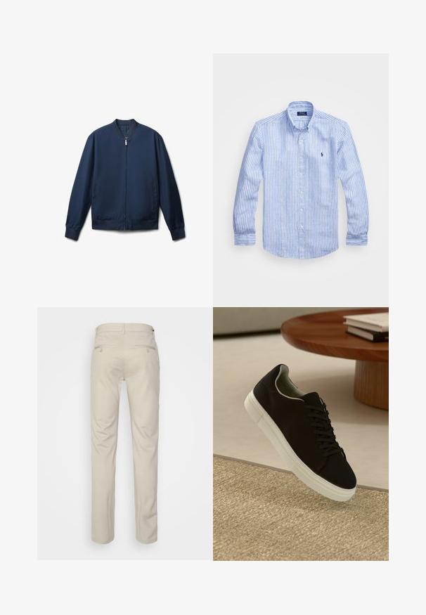 Giacca bomber della marina con un tessuto leggero e liscio. Presenta una cerniera frontale completa, colletto a costine e due tasche laterali.; Camicia a maniche lunghe a righe bianche e blu in cotone, con colletto button-down, bottoni frontali e un piccolo logo ricamato sul petto.; Pantaloni beige con una texture liscia, taglio dritto, due tasche posteriori con bottoni e vita standard.; Sneaker nero con suola bianca che flotta sopra un tappeto beige testurizzato vicino a un tavolo rotondo in legno con libri impilati.