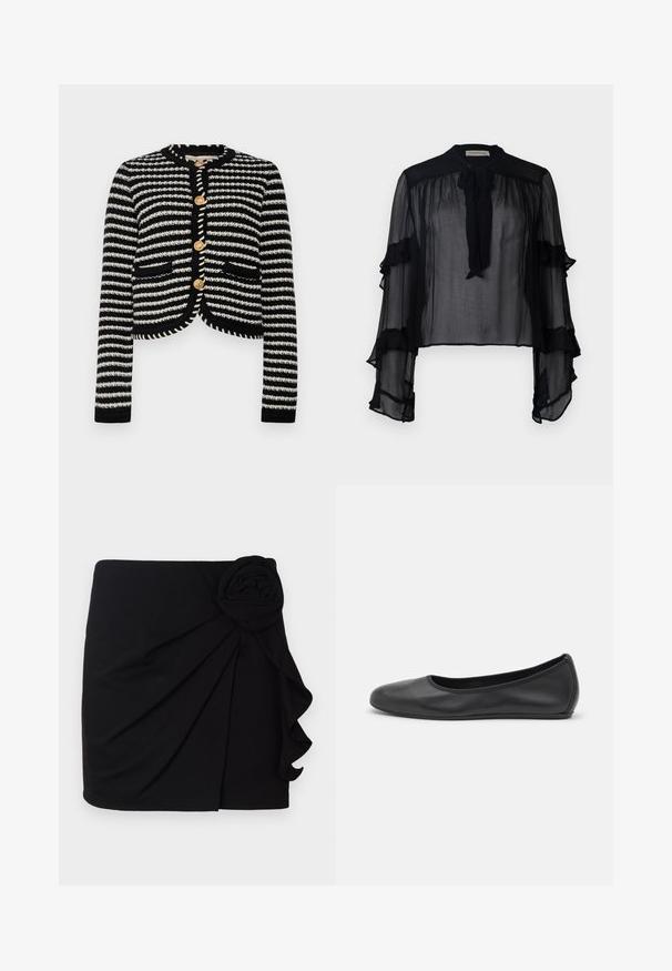 Vanessa Bruno DAYA - Bomber-jakk - noir/ecru; Must mustrakk, pikendatud, volangidega varrukad ja nööriga kaelus. Omab kerget kangast ja vaba lõiget, sobib kihiliseks kandmiseks.; Must.arm must kindel, pehmest kangast, pleeditud disainiga. Küljel on kangast roosi aksessuaar ja volangäär.; Musthave mustika tantsutossud mustast nahast, ümmarguse varbaga, siledast tekstuurist, minimaalse õmblusdetailiga ja paindliku tallakujundusega.