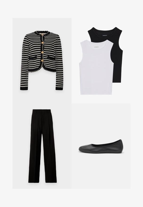 Vanessa Bruno DAYA - Bomber Jacket - noir/ecru; Two sleeveless tops in black and white, made of ribbed cotton, featuring round necklines and a fitted design. Labels visible on both.; Black wide-leg trousers made of smooth fabric, featuring a high waist, front pleats, and a clean, tailored design without embellishments.; Black leather ballet flat with a rounded toe, smooth texture, minimal stitching detail, and a flexible sole design.
