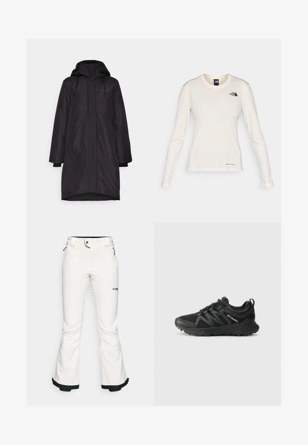 Parka negra impermeable con cierre de cremallera y botón a presión, capucha ajustable y bolsillos laterales. Presenta mangas largas y rectas y un diseño de longitud media.; The North Face SHADOW LONG SLEEVE - Camiseta de manga larga - white dune; Pantalones de esquí blancos hechos de un material suave y flexible. Presentan una cintura ajustada, piernas anchas y acampanadas, y un ribete negro en los puños. Logo de la marca visible.; Columbia PEAKFREAK - Zapatillas de senderismo - black