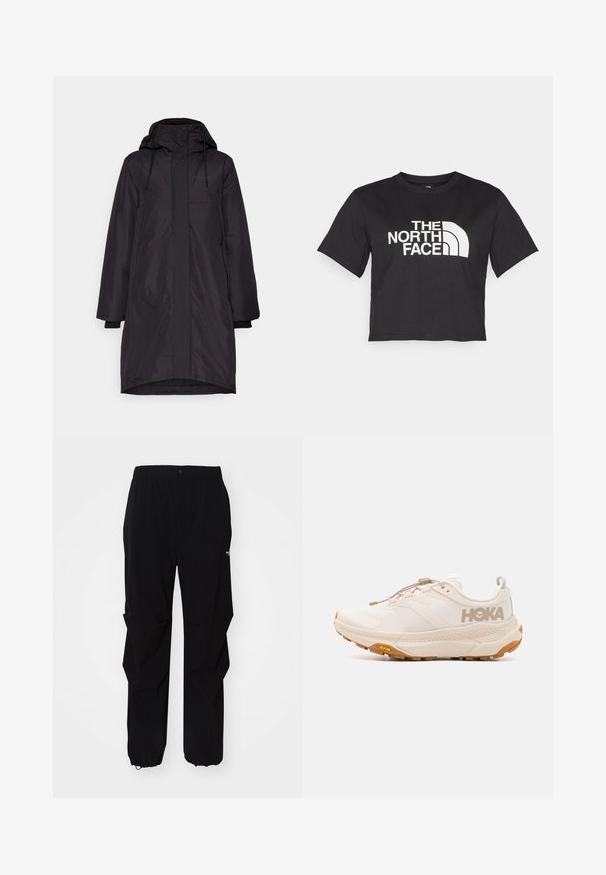 Parka nera impermeabile con chiusura a zip e bottoni a pressione, cappuccio con cordoncino e tasche laterali. Presenta maniche lunghe e rette e un design di lunghezza media.; Maglietta nera corta in cotone, con un logo bianco con accenti curvi e testo "THE NORTH FACE" sul davanti. Maniche corte, colletto alla marinara.; Pantaloni neri da esterno realizzati in materiale resistente, con vestibilità rilassata, cintura elastica e polsini regolabili per lunghezza adattabile.; HOKA TRANSPORT - Scarpa da hiking - eggnog