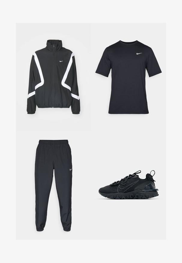 Crna windbreaker jakna s bijelim dijagonalnim prugama, visokim ovratnikom, zatvaračem sprijeda, elastičnim manžetama i pojasom; ima mali logo na prsima.; Crna kratka majica s kratkim rukavima marke Nike, izrađena od glatkog materijala, s bijelim swoosh logom na gornjoj lijevoj strani, okrugli izrez.; Crne trenirke od laganog materijala s elastičnom trakom u struku, manžetama na gležnjevima i diskretnim Nike logom s lijeve strane.; Crne atletske cipele s prozračnom mrežastom gornjom djelom, teksturiranim detaljima i valovitom gumenom potplatom. Sadrži reflektirajući logo i sistem vezanja.
