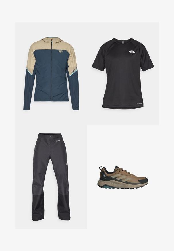 Kerge navy sinine ja beež jope, millel on tõmblukk, kapuuts ja logo detail. Sile tekstuur ja värvide blokeeritud disain.; Must mustreening, lühikeste varrukatega sportpoliis, millel on tekstuuriga kangas, valge logo vasakul rinnal ja sirge äär.; Mustad vettpidavad püksid, millel on sile tekstuur, ees GORE-TEX logo ja tugevdatud alumised jalad vastupidavuse tagamiseks.; Prunased athletic shoes, mis mesh ja sünteetiliste materjalidega, halli ja musta disainiga, tekstuuriga tallaga ning rohelise aktsendiga põhjapool.